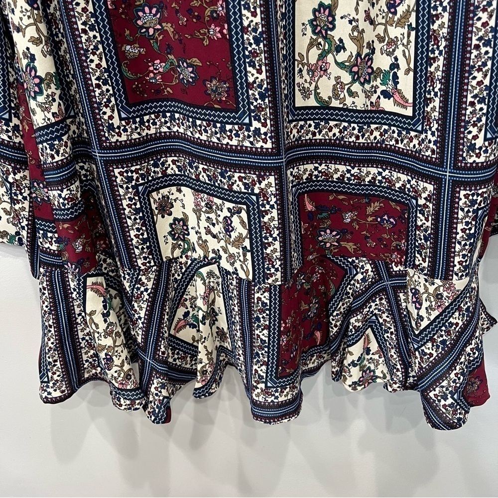 Lulu's Burgundy, Cream & Navy Patchwork Floral Ruffle-Hem Mini Dress - Picture 5 of 12